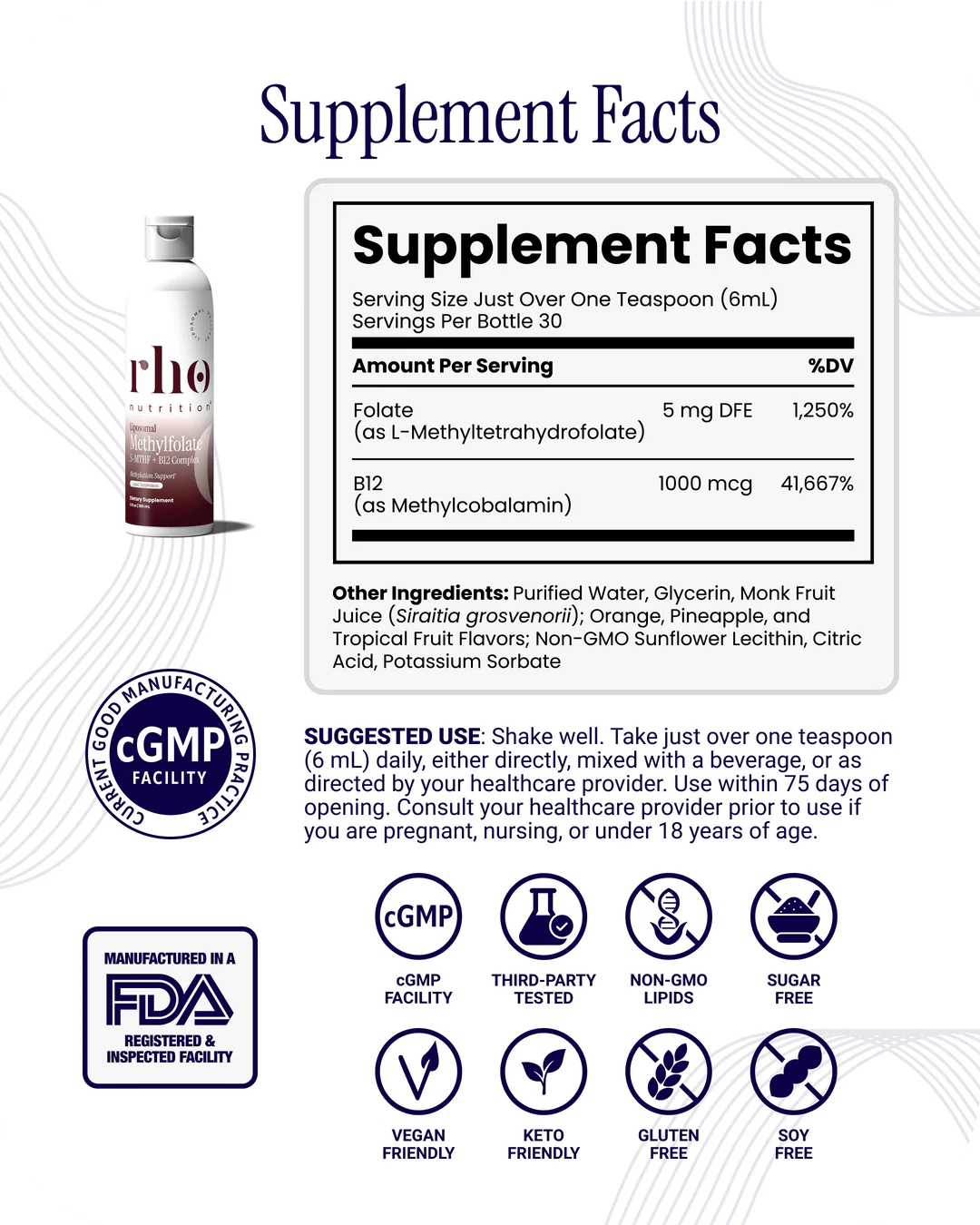 Rho Nutrition Liposomal Methylfolate 5-MTHF + B12 Complex (30 Servings)
