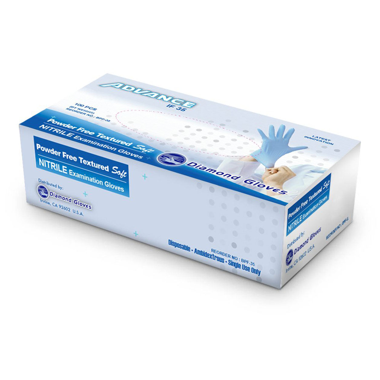 Diamond Gloves IF35 Exam Powder Free Blue Nitrile Gloves