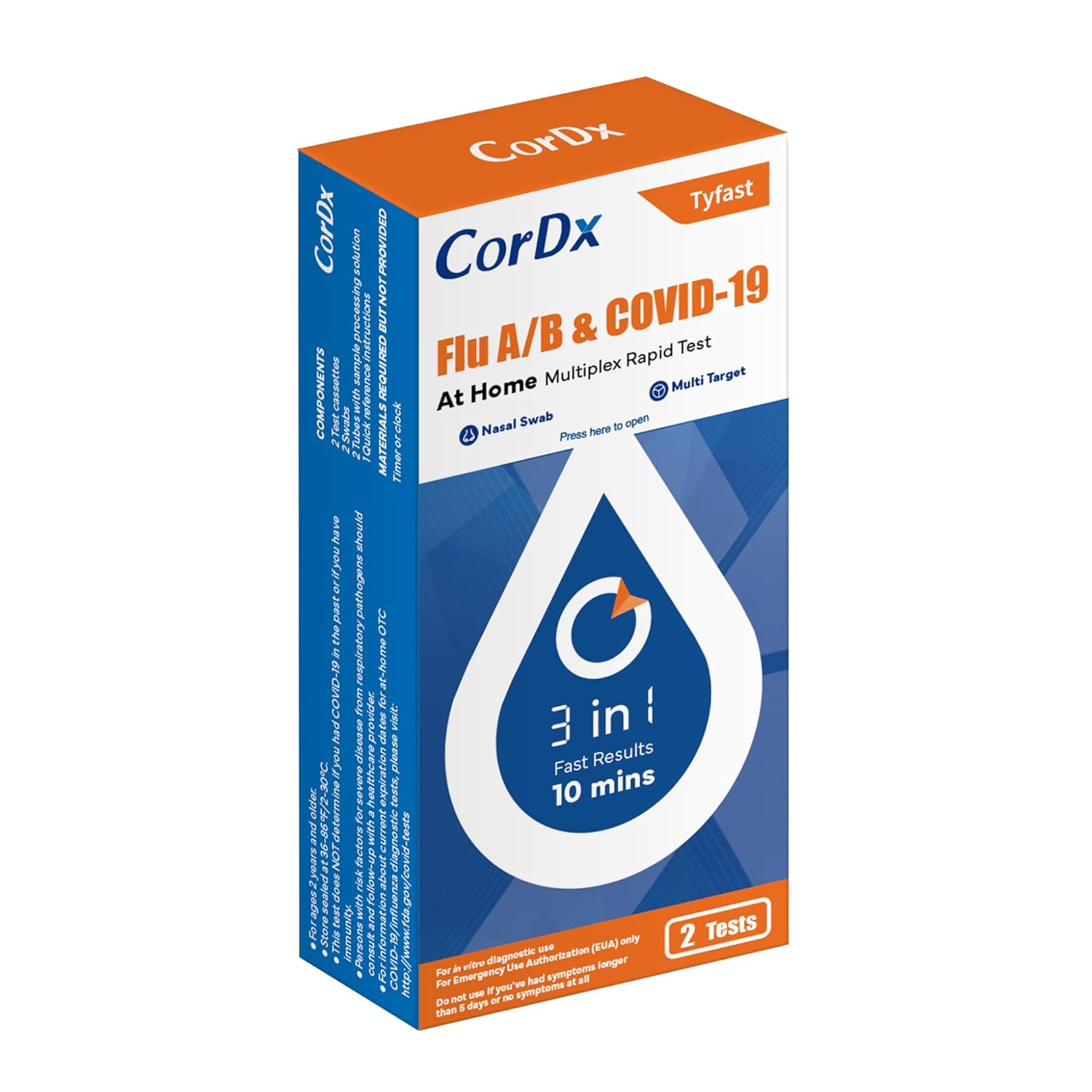 CorDx TyFast Flu A/B & COVID-19 At Home Multiplex Rapid Test (2-Pack)