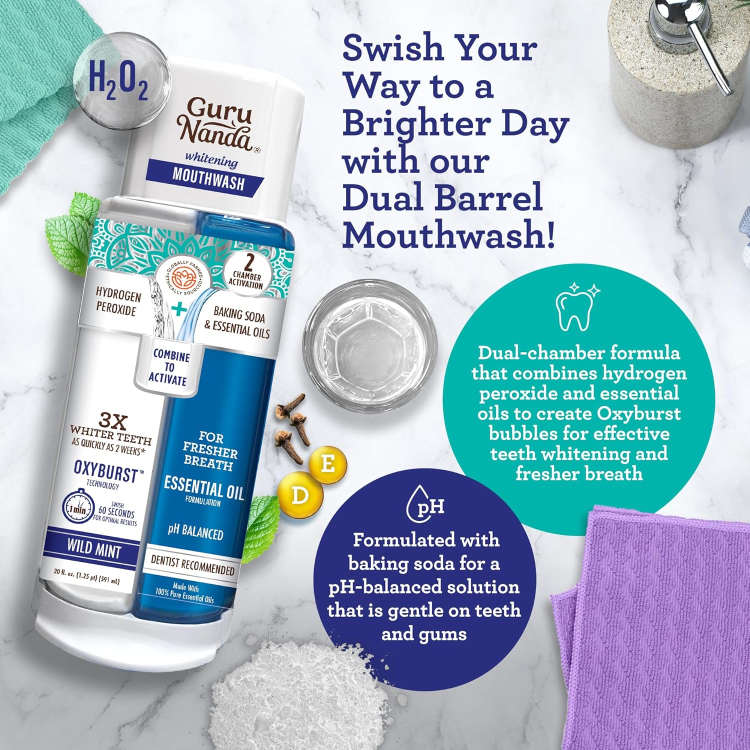 GuruNanda Whitening Wonder Bundle, Dual Barrel Oxyburst Whitening Mouthwash, 20 oz & Teeth Whitening Strips (7-Day Treatment)