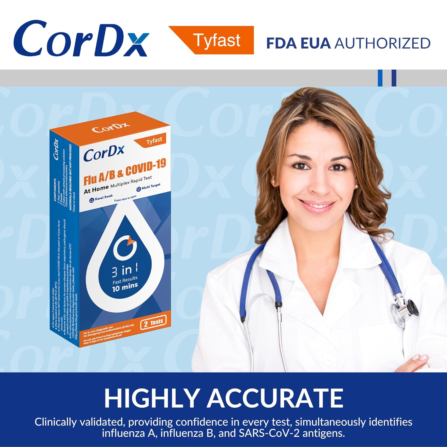 CorDx TyFast Flu A/B & COVID-19 At Home Multiplex Rapid Test (2-Pack)