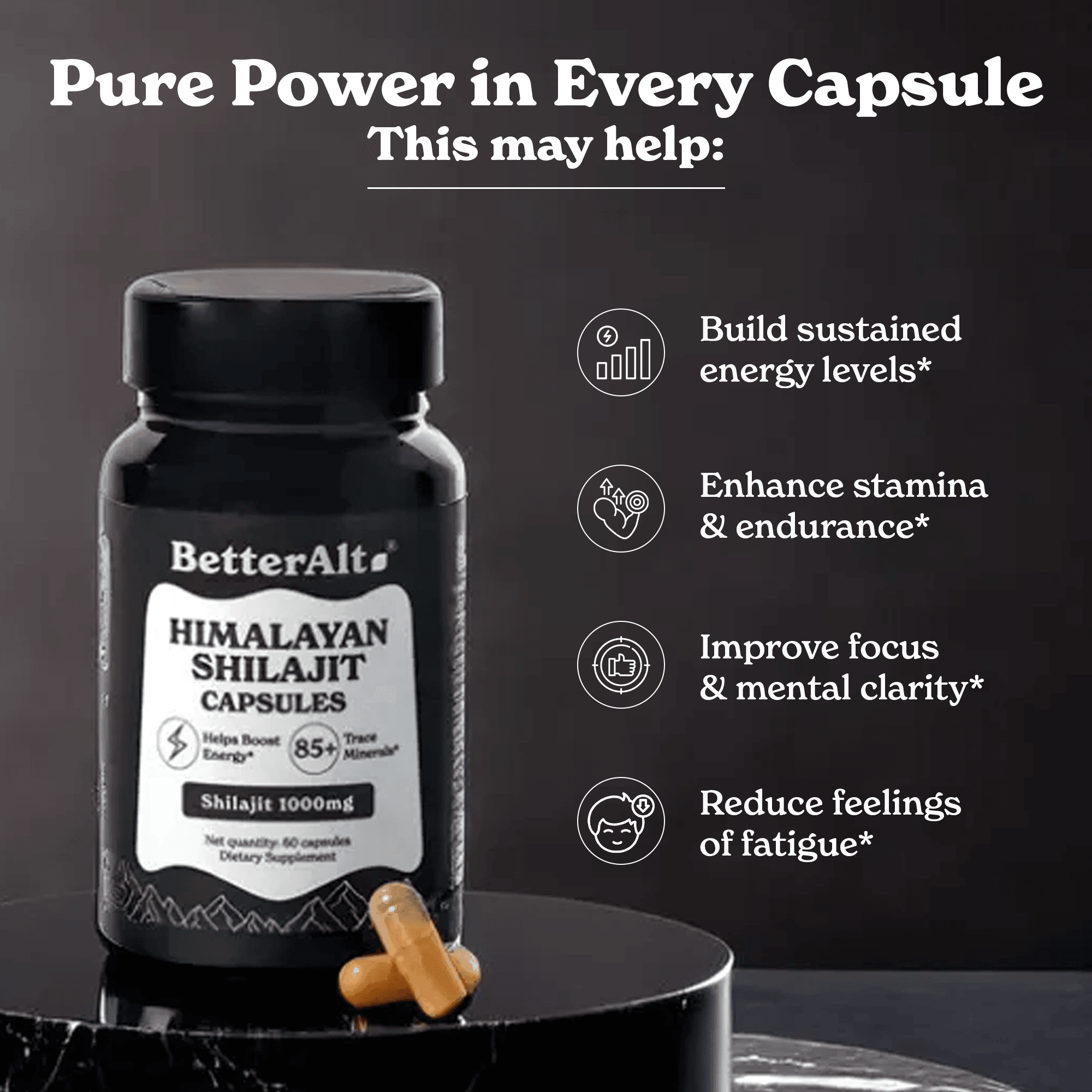 BetterAlt Pure Himalayan Shilajit Capsules for Energy & Stamina (1000mg)