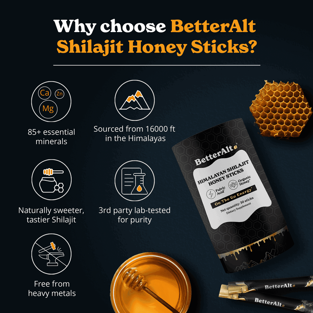 BetterAlt GOLD+ Pure Himalayan Shilajit Honey Sticks (Classic) - HSA ...