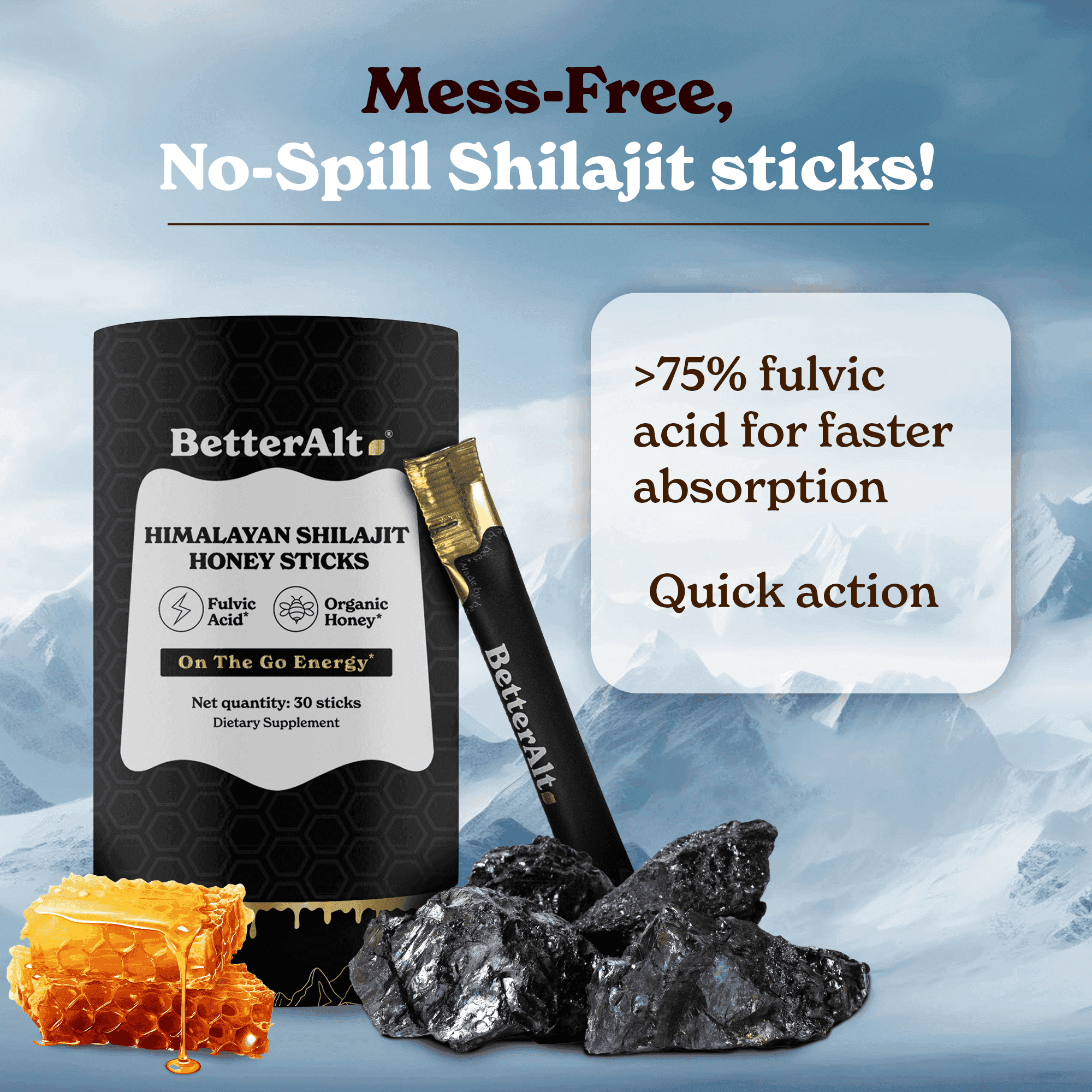BetterAlt GOLD+ Pure Himalayan Shilajit Honey Sticks (Classic)