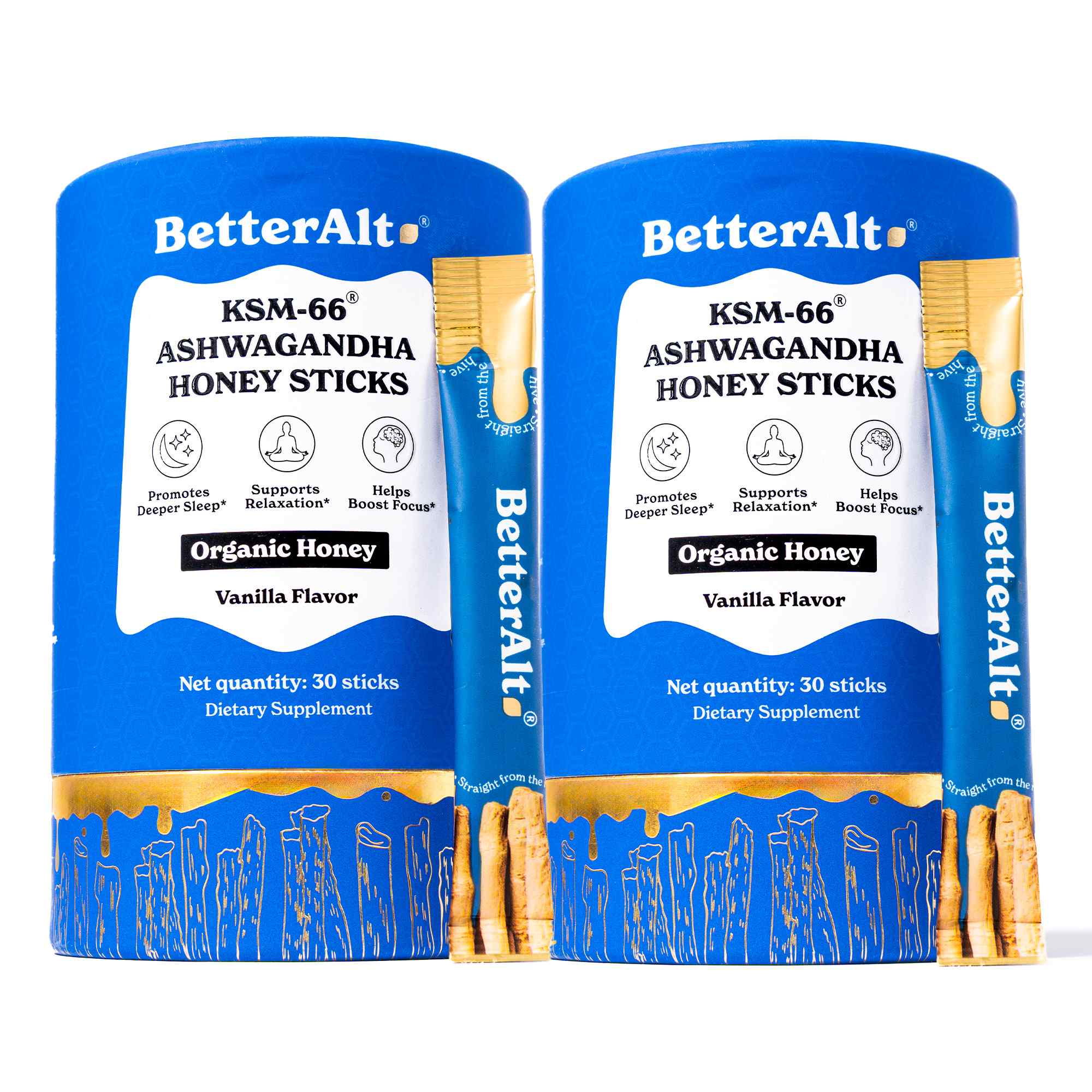 BetterAlt KSM-66 Ashwagandha Honey Sticks for Relaxation & Focus (Vanilla)