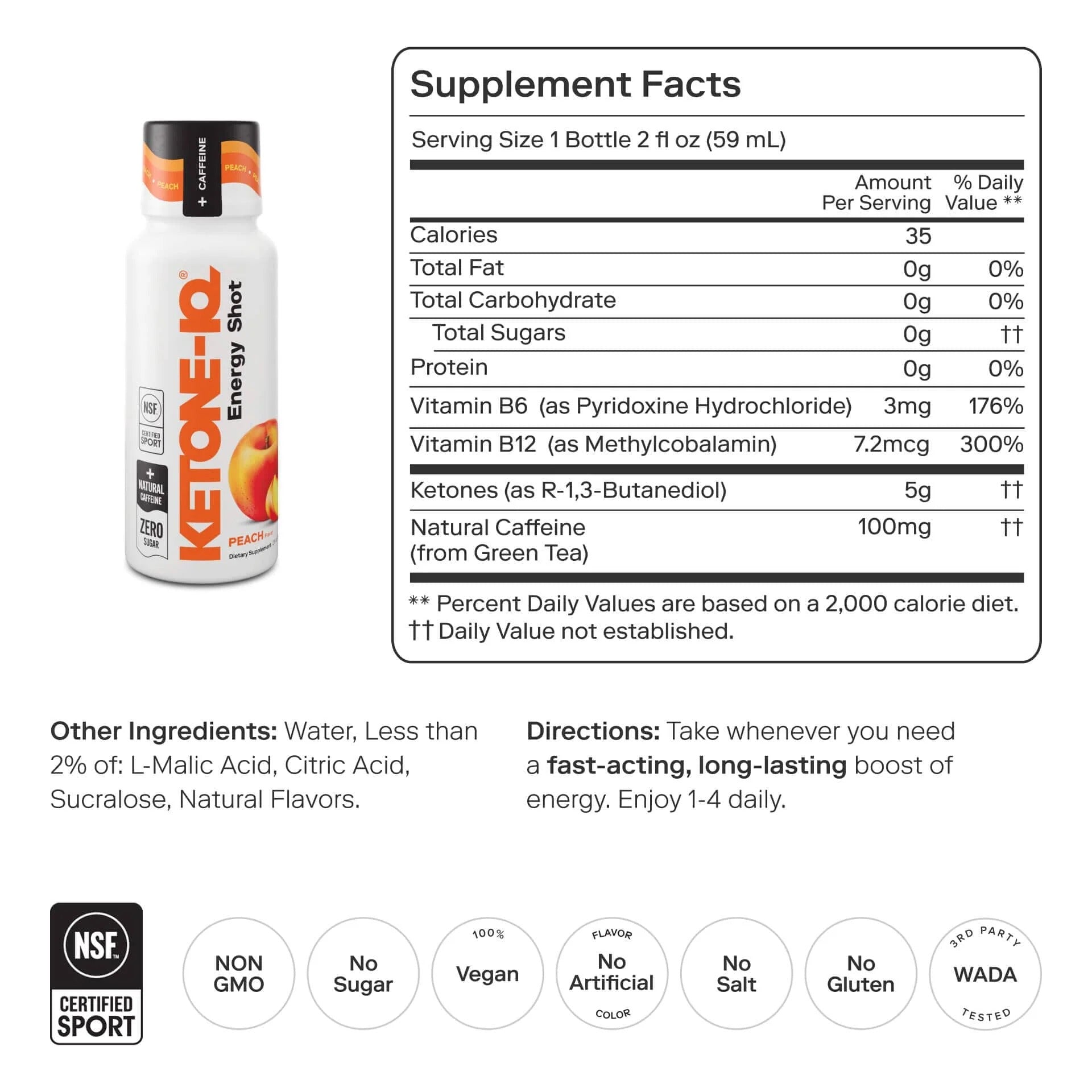 Ketone-IQ +Caffeine High Performance Energy Shot (Peach)