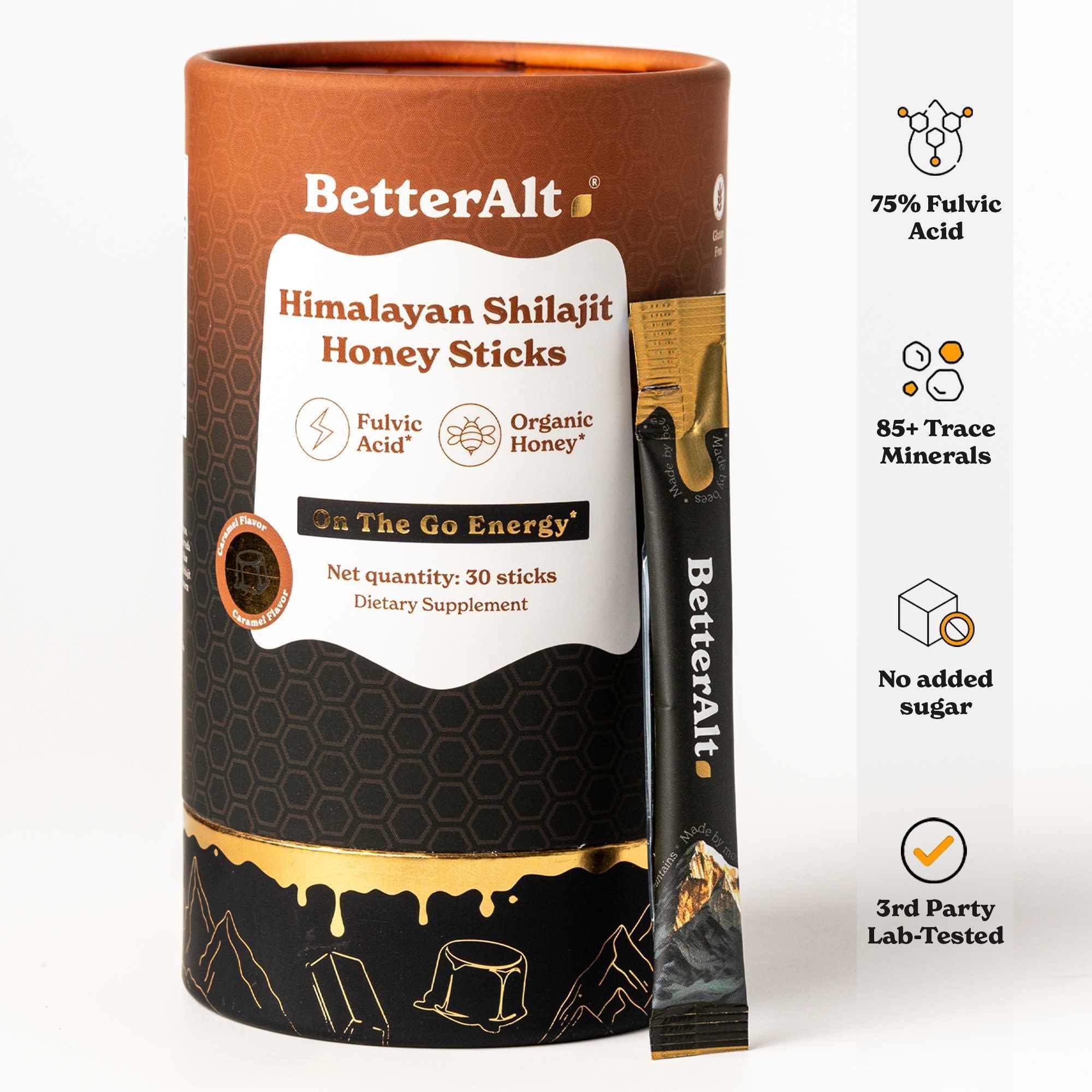 BetterAlt GOLD+ Pure Himalayan Shilajit Honey Sticks (Caramel)