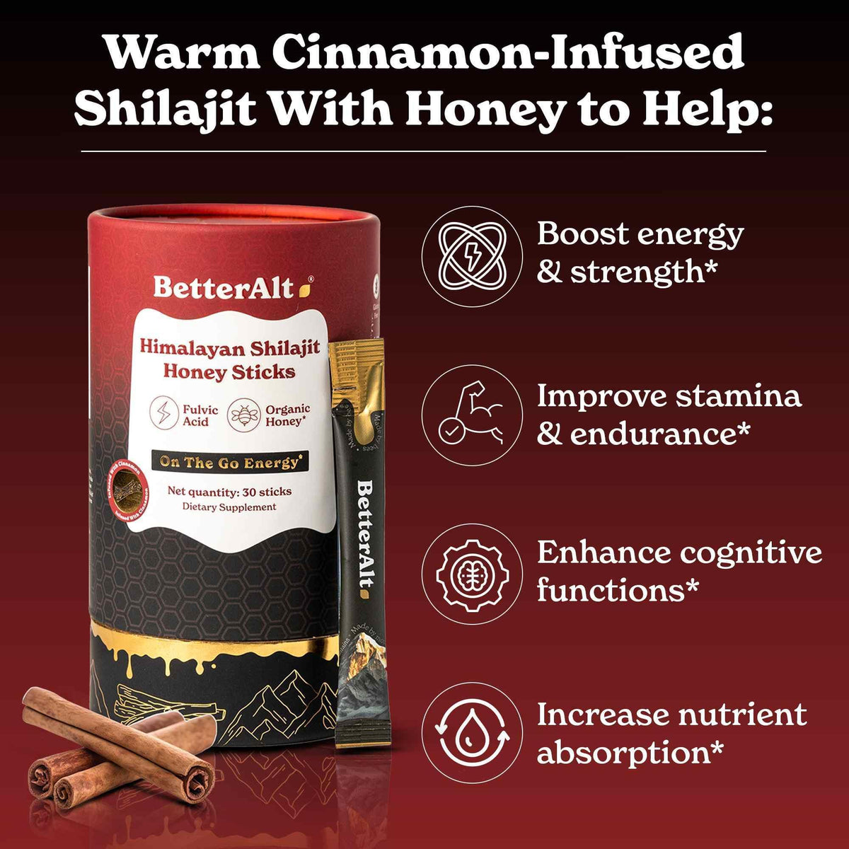 BetterAlt GOLD+ Pure Himalayan Shilajit Honey Sticks (Cinnamon) - HSA ...