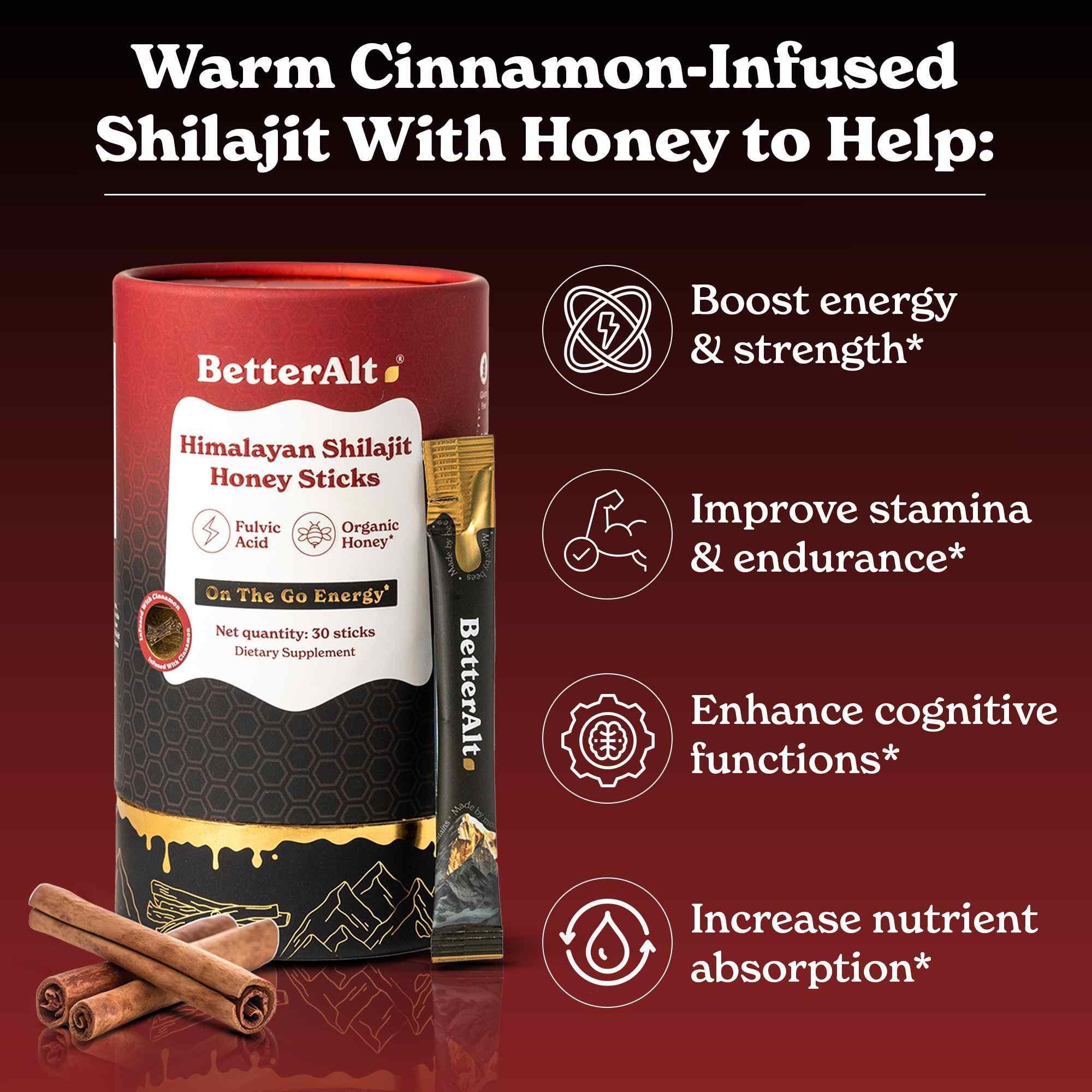BetterAlt GOLD+ Pure Himalayan Shilajit Honey Sticks (Cinnamon)