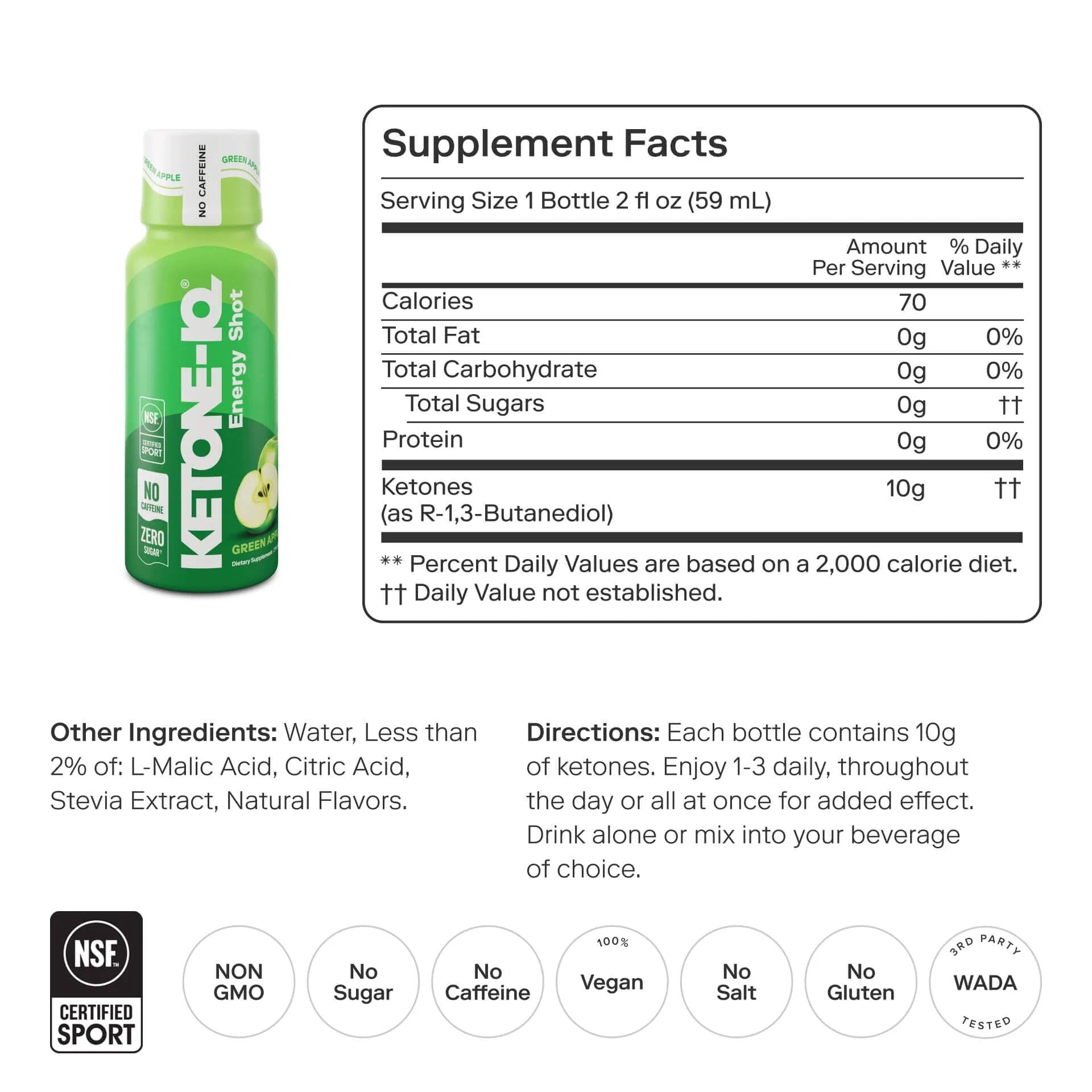 Ketone-IQ No Caffeine High Performance Energy Shot (Green Apple)