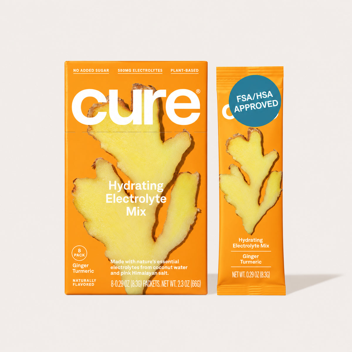 Cure Hydration Ginger Turmeric 8-count box and packet