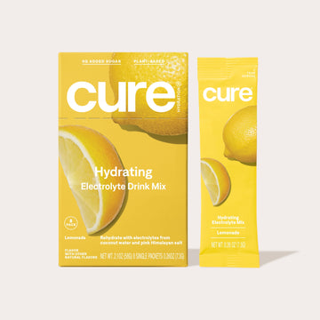 Cure Hydration Lemonade 8-count box and single-serving packet