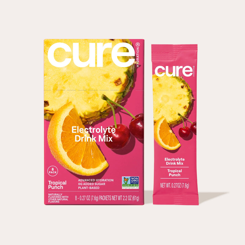 Cure Hydration Tropical Punch 8-count box and single-serving packet