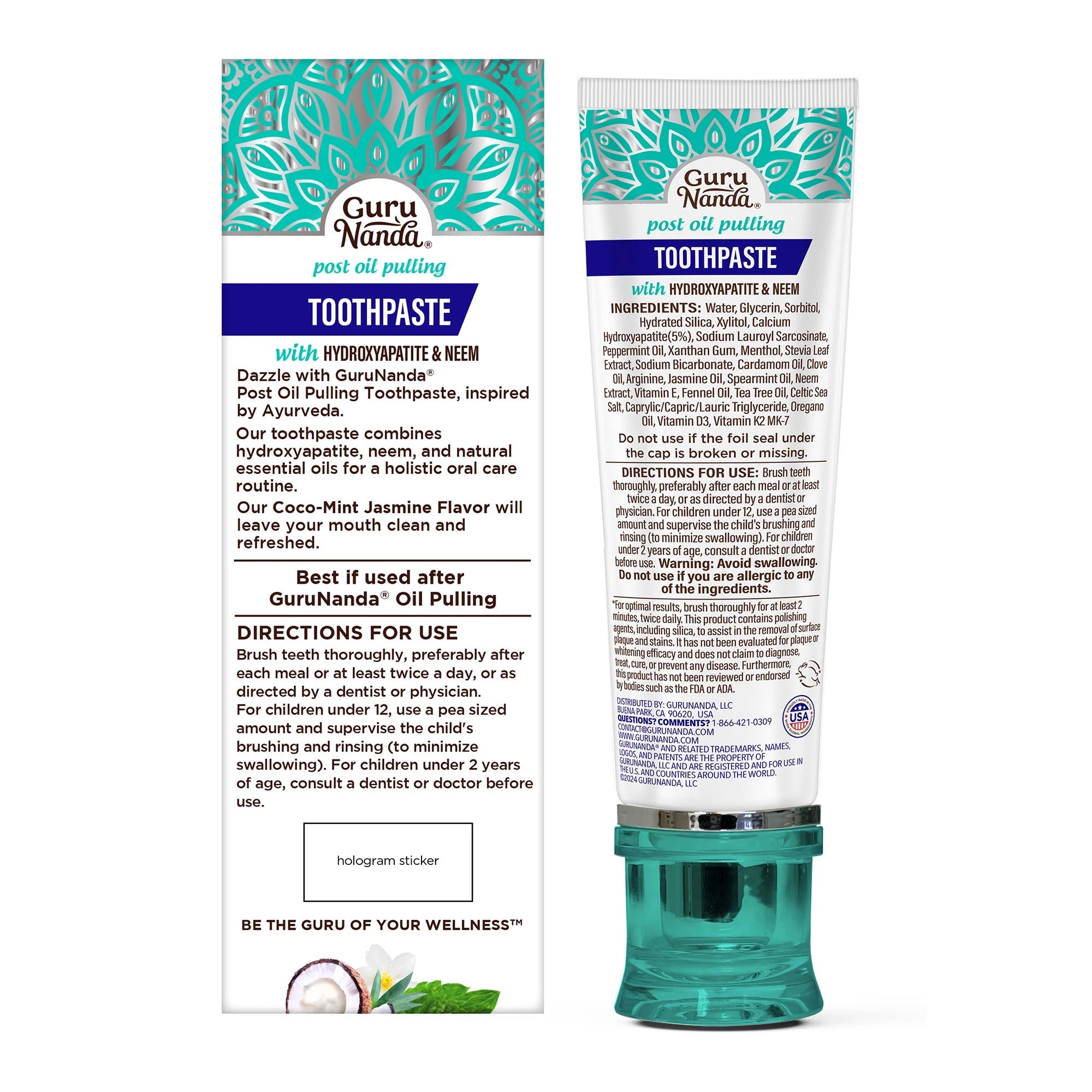 GuruNanda Fluoride Free Whitening Toothpaste w/Hydroxyapatite & Neem, 4.2 oz