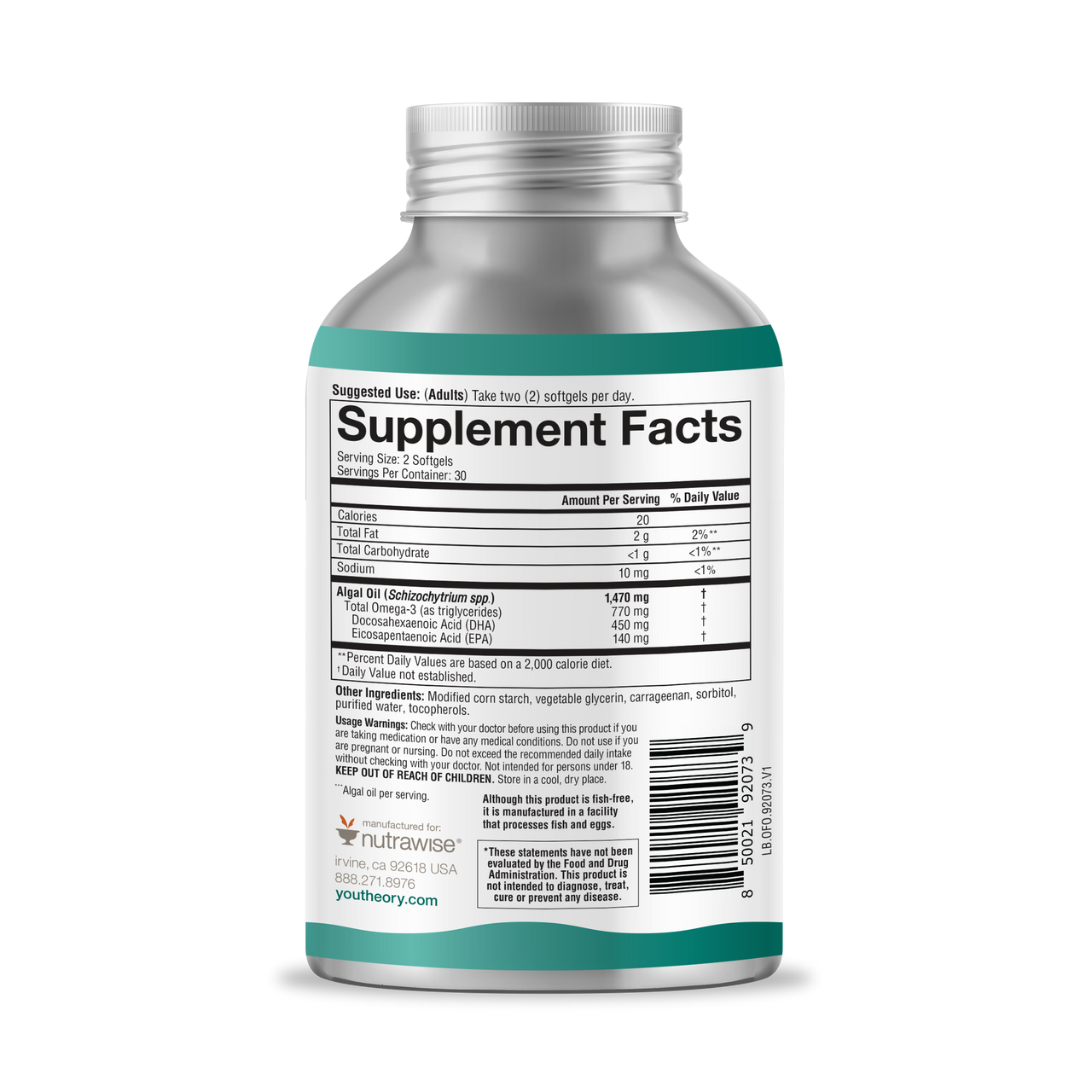 Youtheory® Ocean-Friendly Omega - Vegan Algae Omega 3 Softgel - with EPA & DHA - Heart, Eye & Brain Health