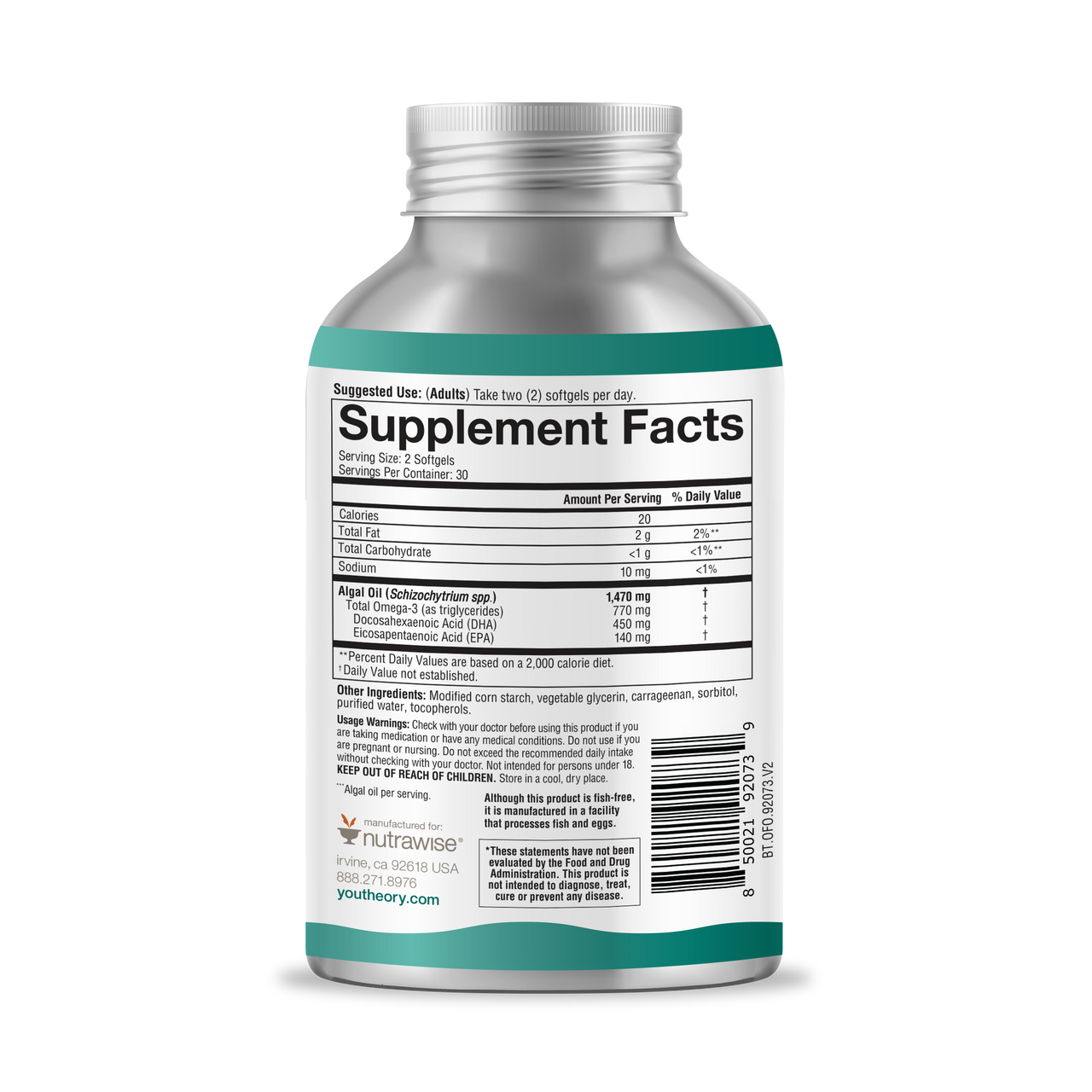 Youtheory® Ocean-Friendly Omega - Vegan Algae Omega 3 Softgel - with EPA & DHA - Heart, Eye & Brain Health