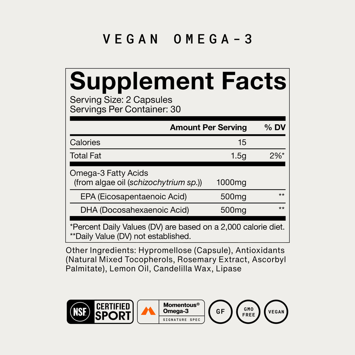 Momentous Vegan Omega-3 1,000 mg EPA + DHA | 60 Liquid Capsules — Supplement Facts and ingredients