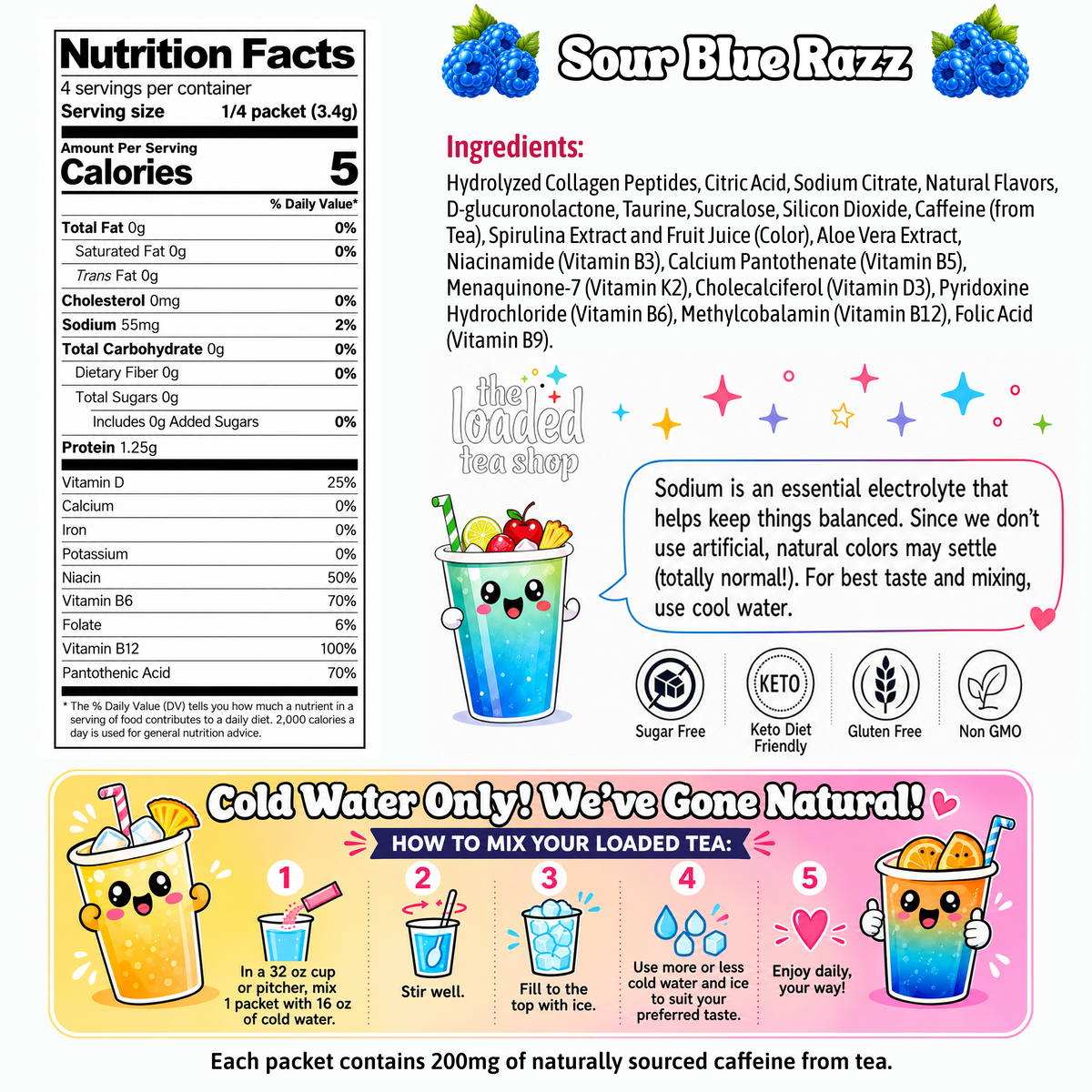 Sour Blue Razz nutrition facts, ingredients and cold-water mixing instructions