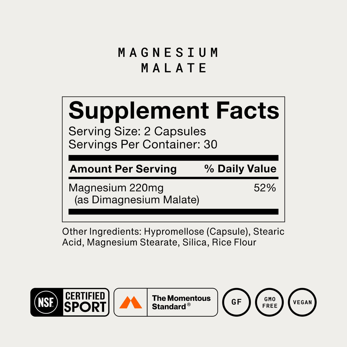Momentous Magnesium Malate 220 mg, Muscle & Energy Support | 60 Capsules — Supplement Facts and ingredients