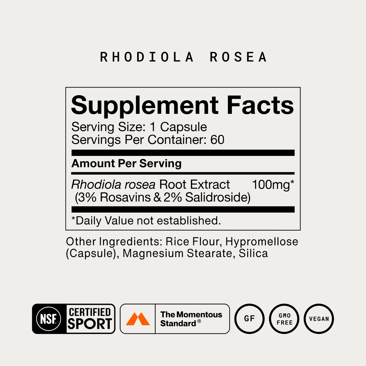 Momentous Rhodiola Rosea 100 mg, Stress & Energy Support | 60 Capsules — Supplement Facts and ingredients