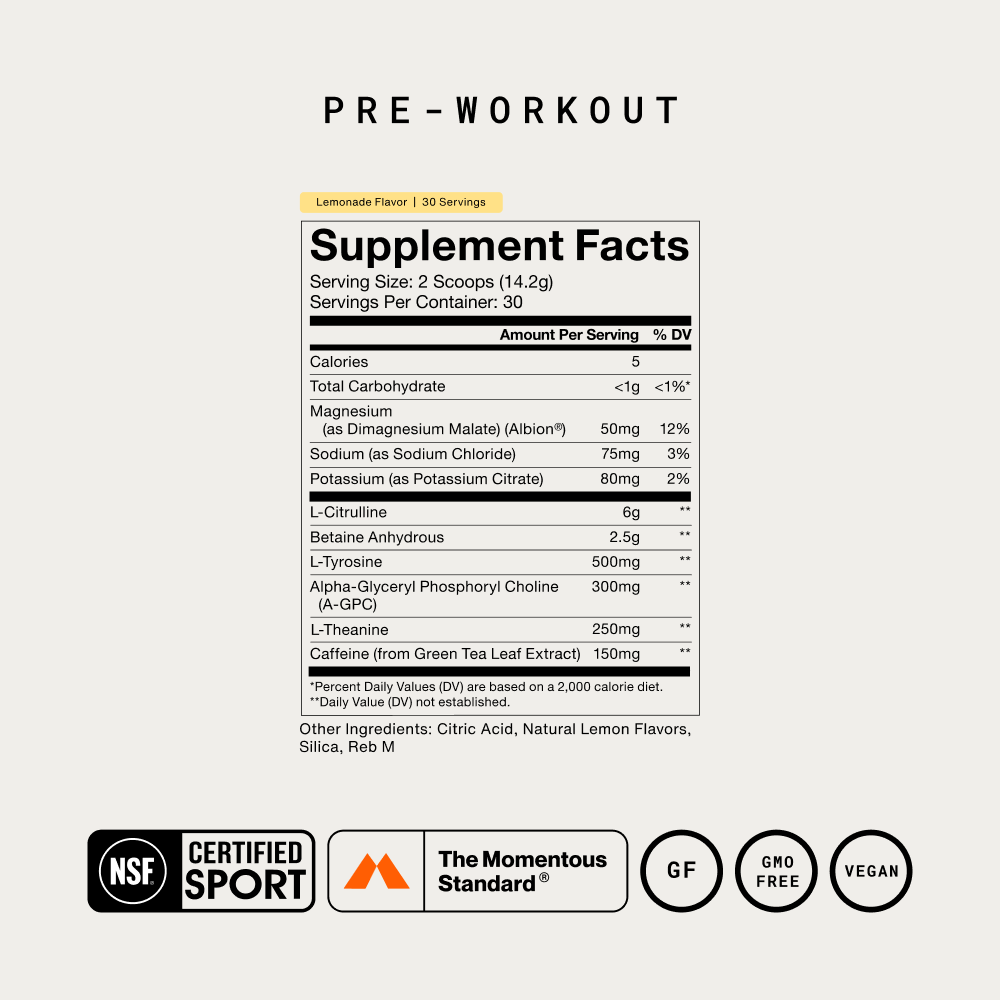 Momentous Pre-Workout Powder | Lemonade, 30 Servings — Supplement Facts and ingredients