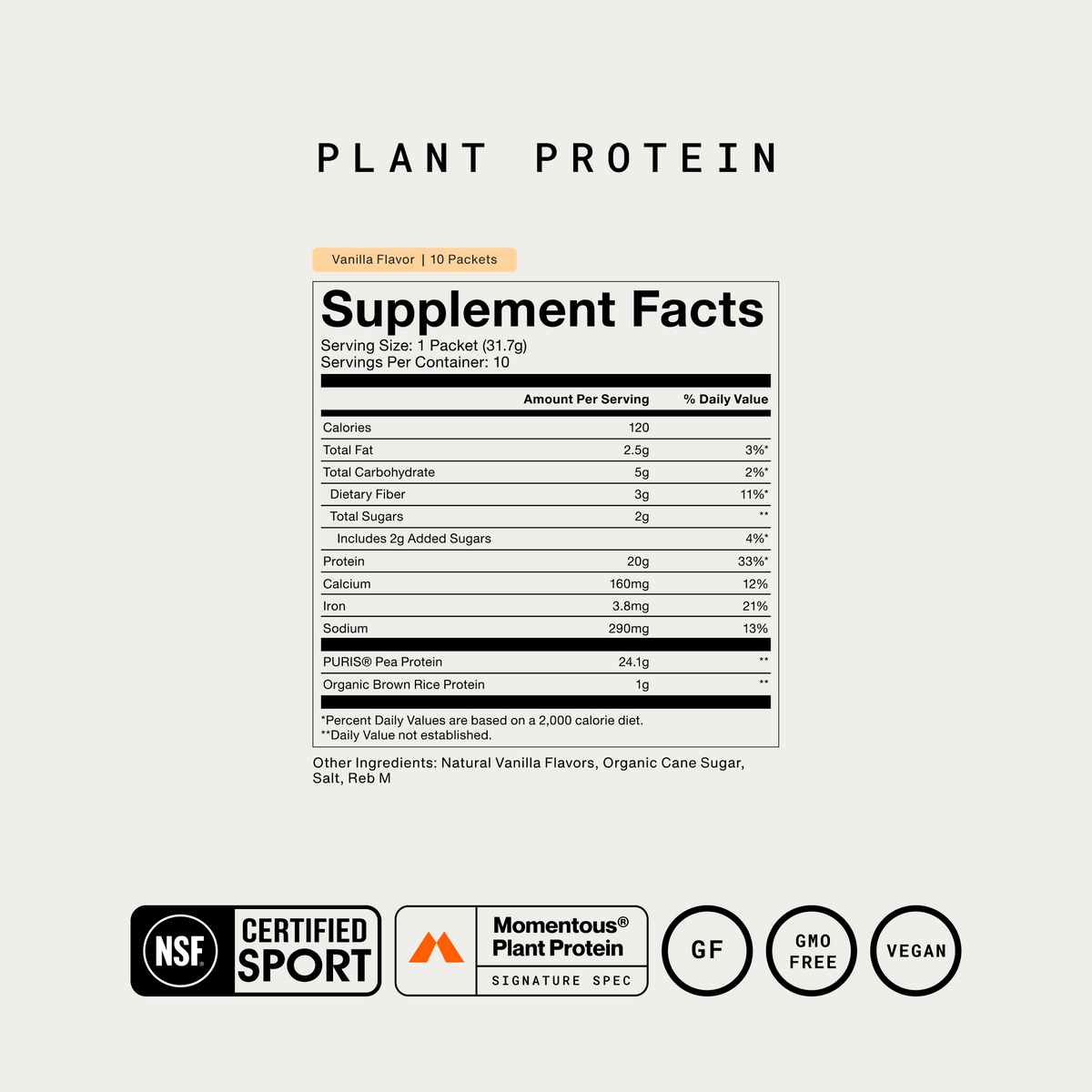 Vanilla Plant Protein Supplement Facts – 10-Travel Packs