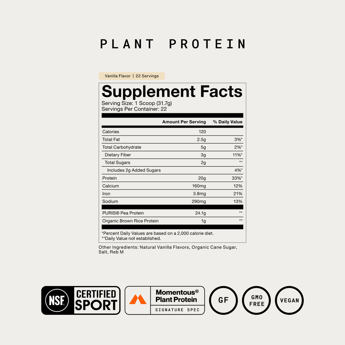 Vanilla Plant Protein Supplement Facts – 22 Serving Jar
