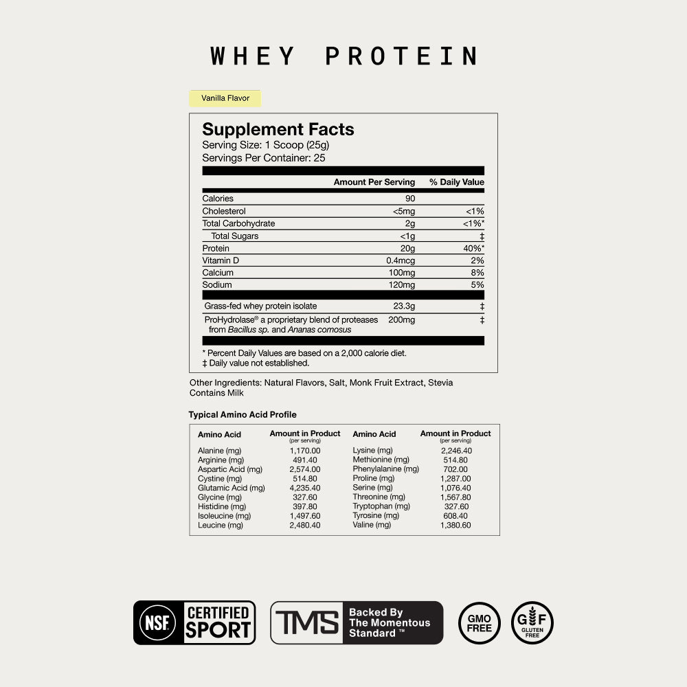 Momentous Vanilla Whey Protein Isolate Supplement Facts