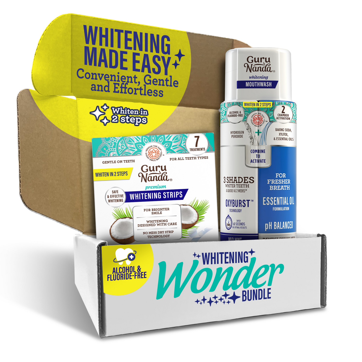 GuruNanda Whitening Wonder Bundle, Dual Barrel Oxyburst Whitening Mouthwash, 20 oz & Teeth Whitening Strips (7-Day Treatment)