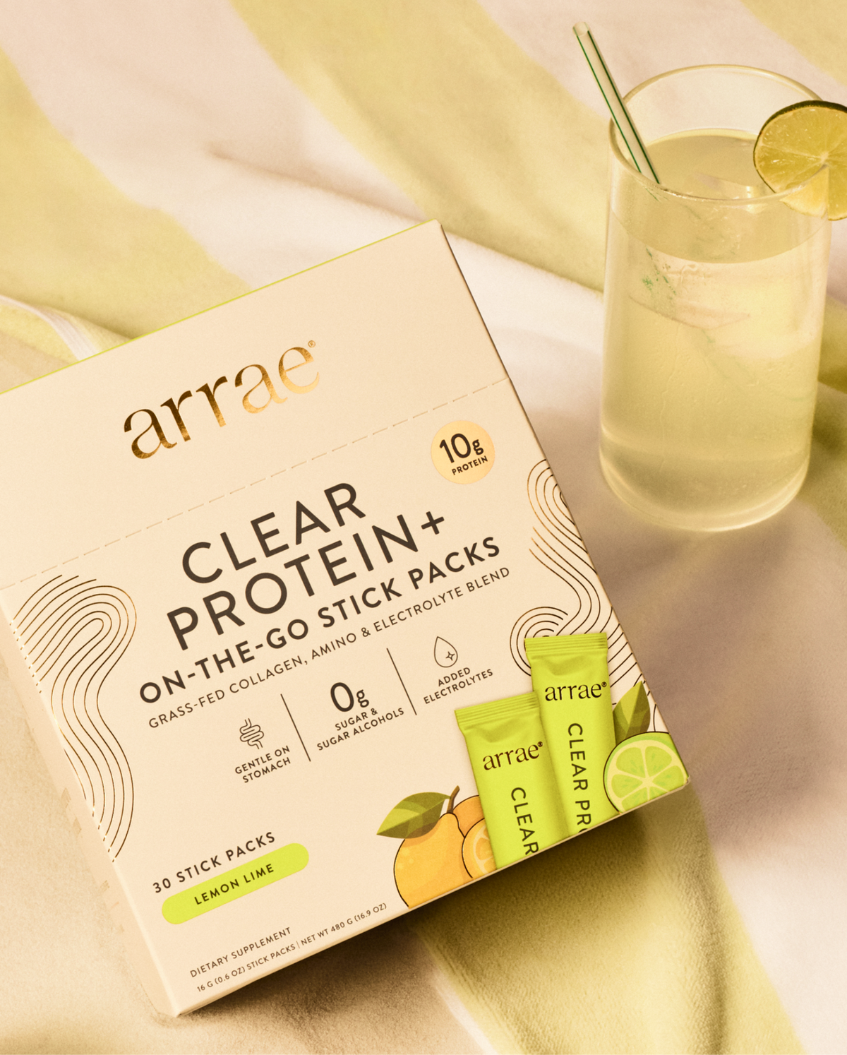 Arrae Clear Protein+ – Lemon Lime, 30 Stick Packs — product and lifestyle detail 4