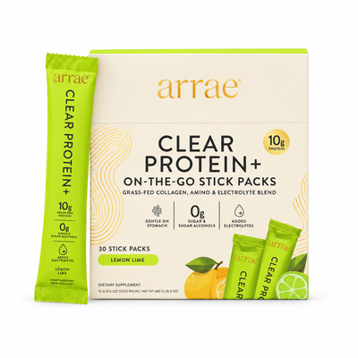 Arrae Clear Protein+ Lemon Lime 30 Stick Packs on white background