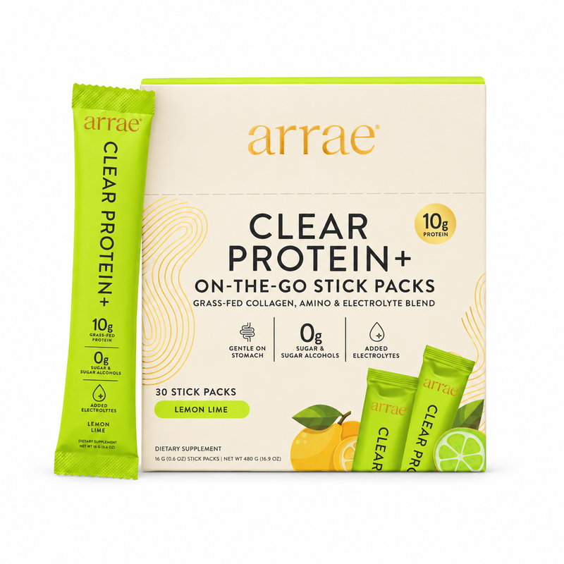 Arrae Clear Protein+ Lemon Lime 30 Stick Packs on white background