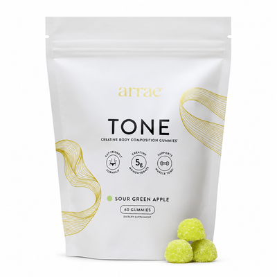 Arrae Tone Sour Green Apple 60 Gummies pouch on white with green gummies