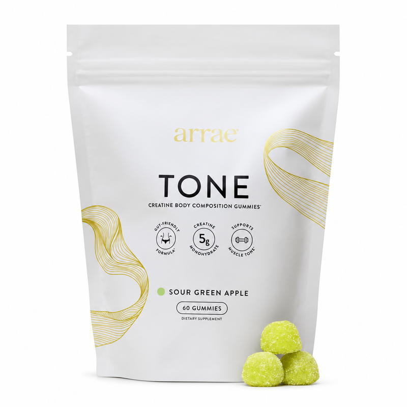 Arrae Tone Sour Green Apple 60 Gummies pouch on white with green gummies