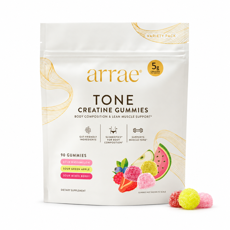 Arrae Tone Creatine Gummies – Variety Pack, 90 Gummies on white background