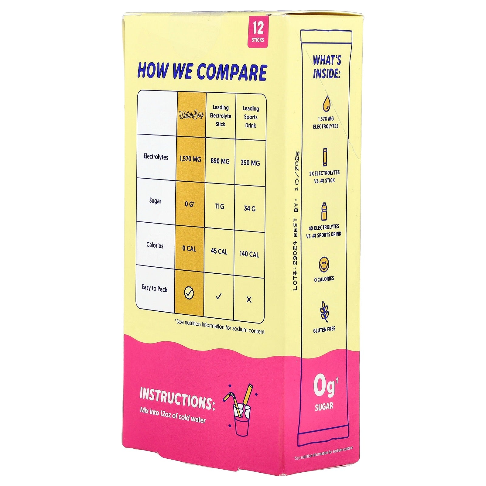 Waterboy Daily Hydration Electrolyte Drink Mix - 12 Sticks (Strawberry Lemonade)