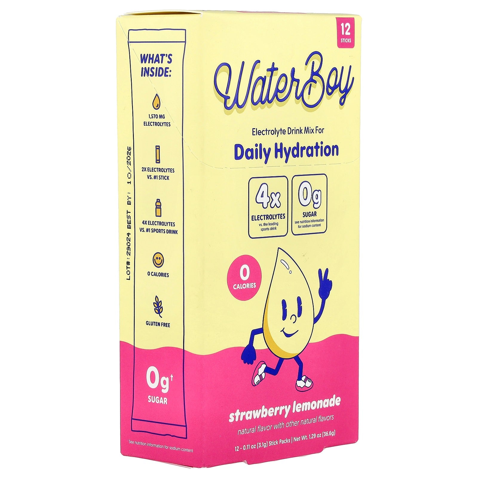 Waterboy Daily Hydration Electrolyte Drink Mix - 12 Sticks (Strawberry Lemonade)