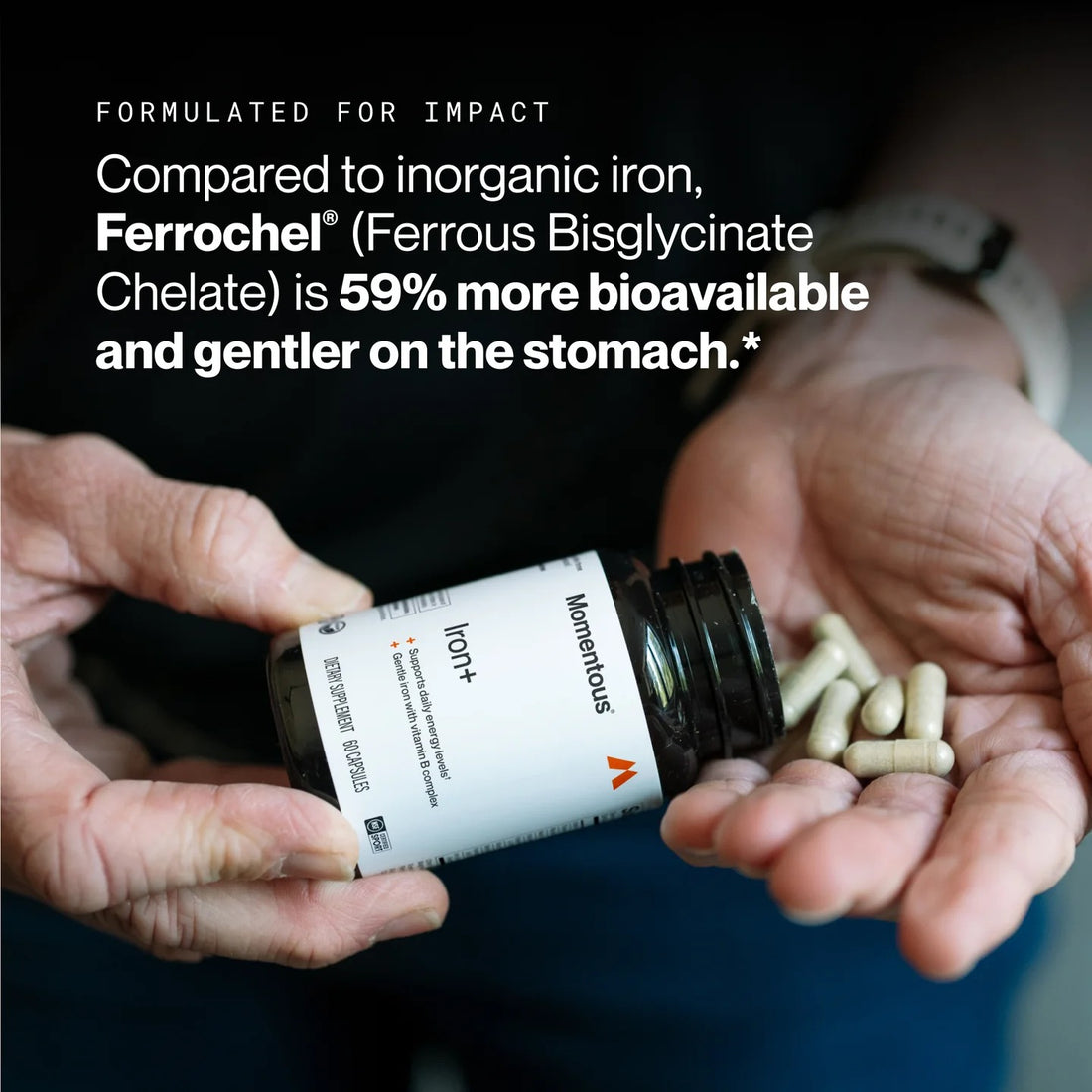 Momentous Iron+ with Vitamin C & B Complex, Ferrochel Iron | 60 Capsules
