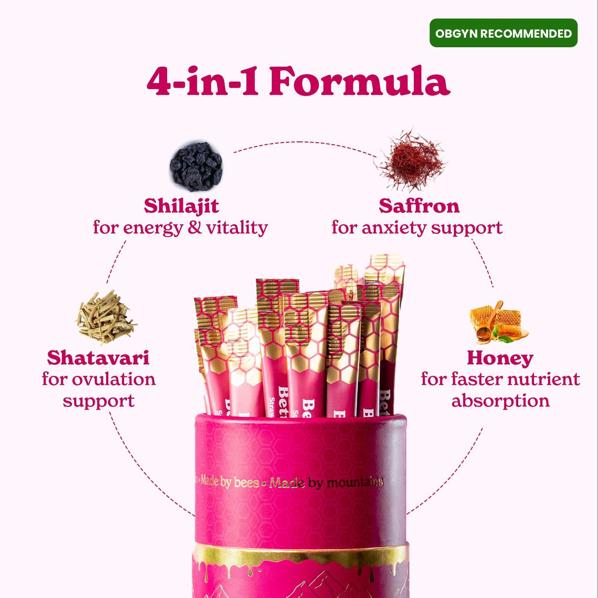 BetterAlt Women's SHE-Lajit Honey Sticks for Hormonal Balance & Energy (Strawberry)