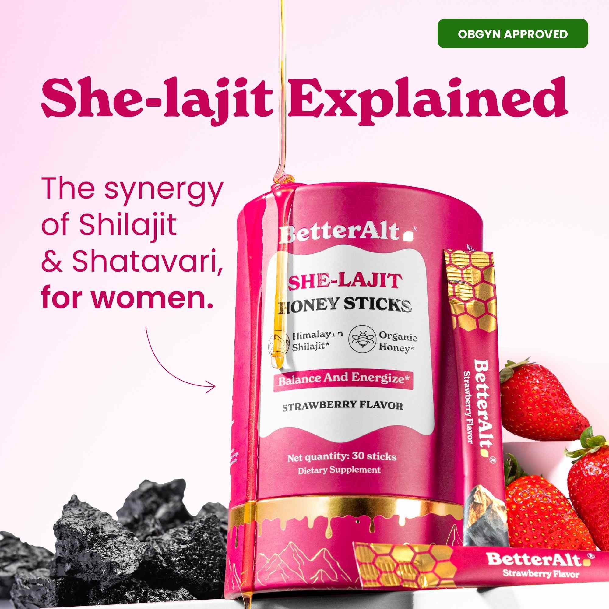 BetterAlt Women's SHE-Lajit Honey Sticks for Hormonal Balance & Energy (Strawberry)