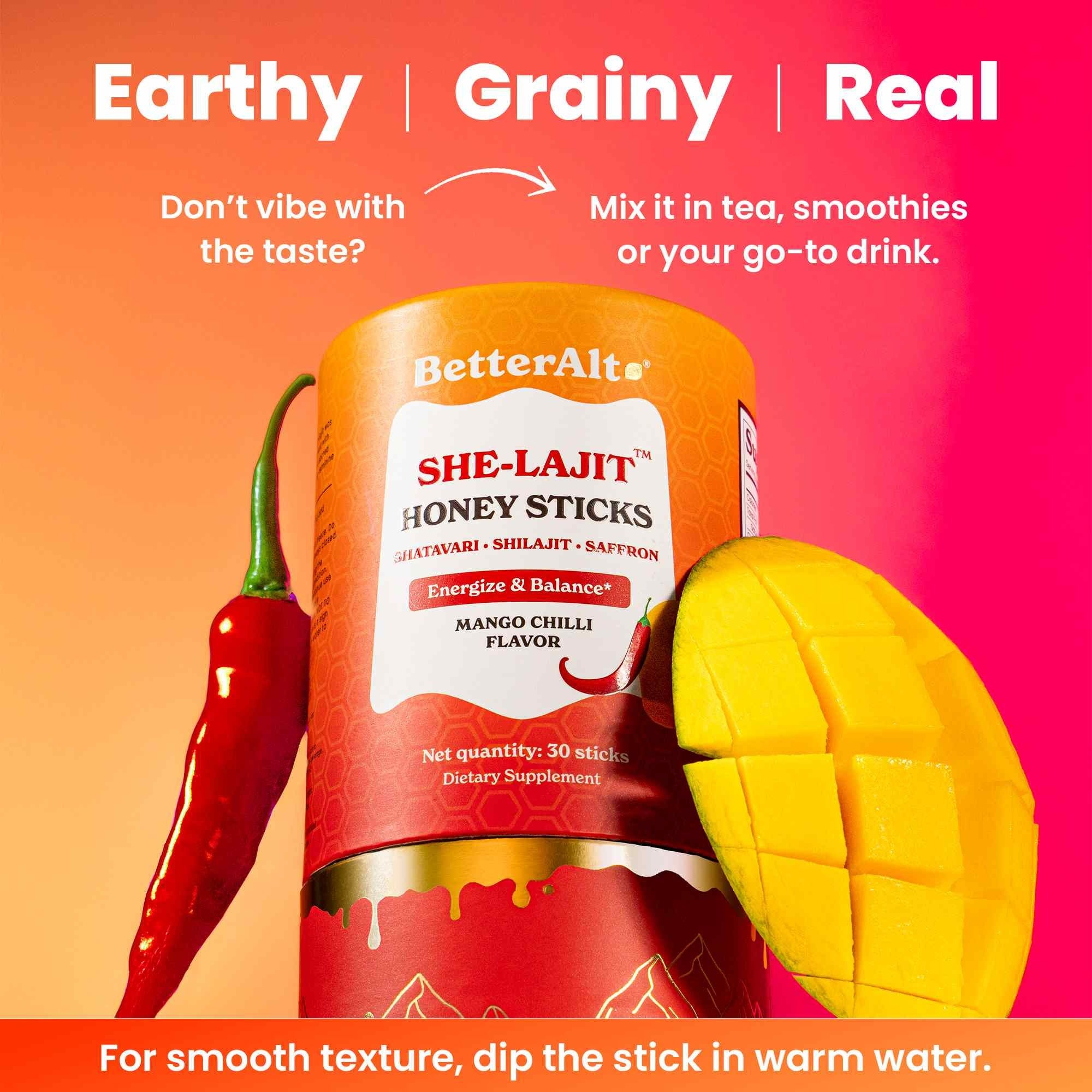 BetterAlt Women's SHE-Lajit Honey Sticks for Hormonal Balance & Energy (Mango Chilli)