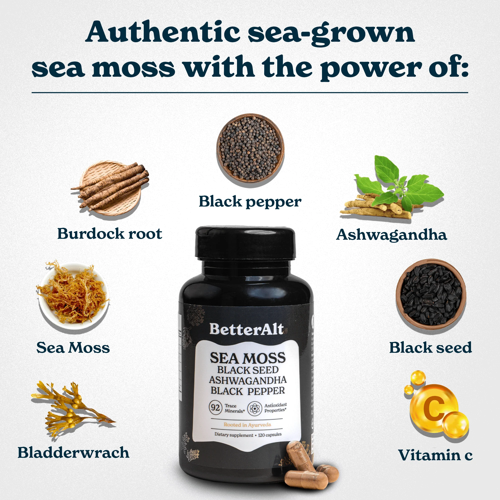 BetterAlt Sea Moss w/Black Seed Oil, Ashwagandha & Black Pepper (120 Capsules)