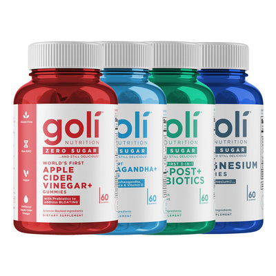 Goli® Nutrition Zero Sugar Complete Bundle (4 Pack) - ACV, Magnesium, Pre+Post+Probiotics & Ashwagandha Gummies