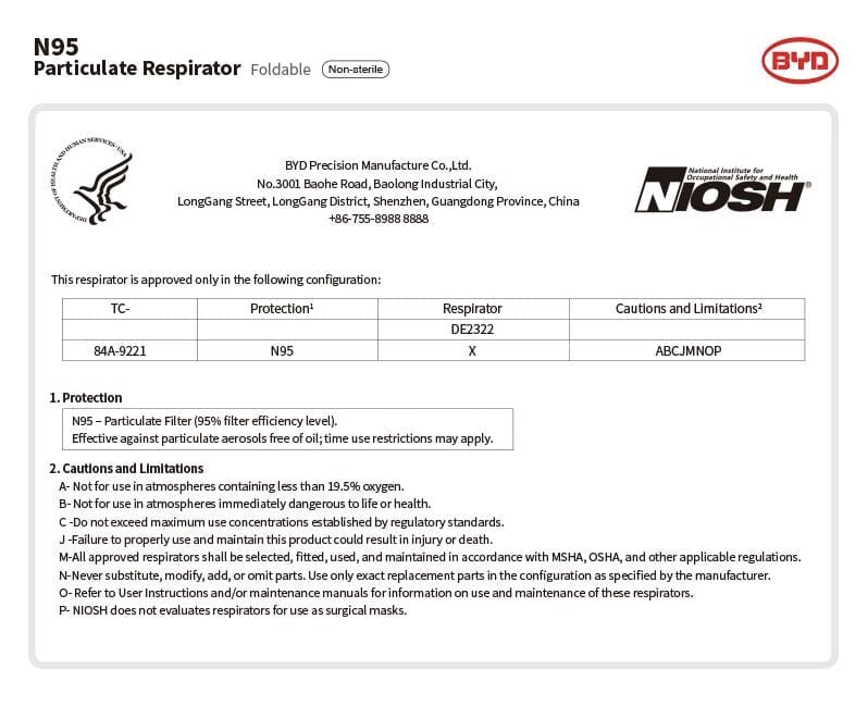 BYD N95 Particulate Respirator